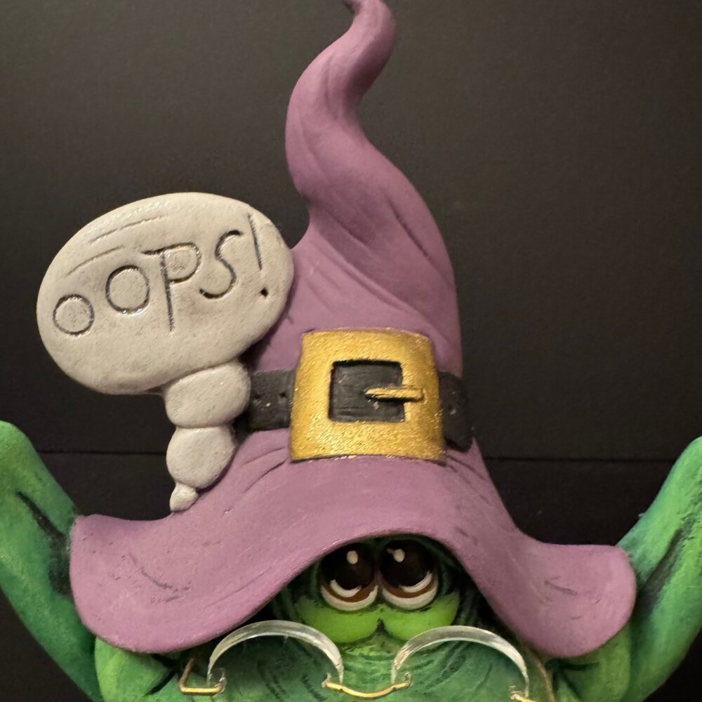 Whimsical Green Oops Witch Frog Figurine Glasses Purple Hat & Book Halloween - Picture 2 of 12